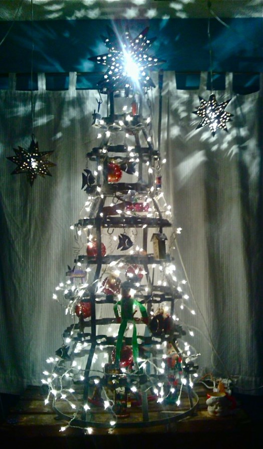 French antique wine bottle dryer = Steampunk Christmas tree